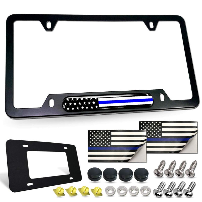 FBJTDQ Police Thin Blue Line License Plate Frame-American Flag Patriotic Car Tag Holder, USA Black Aluminum Bracket with Screw, Cap Covers, Decal, Novelty Present for Law Enforcement, 1 Pack - Image 1